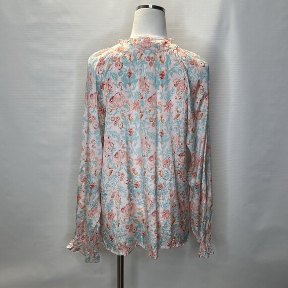 Roller Rabbit Blouse Womens Large Floral V Neck Top Pink Blue Spring Boho Chic - Picture 3 of 11